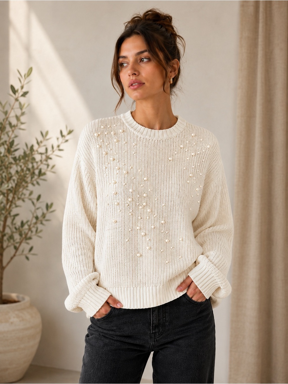 REITMANS Cream Pearl Embellished Ribbed Knit Balloon Sleeve Sweater Small